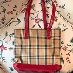 Burberry Tan and Red Check Tote Bag